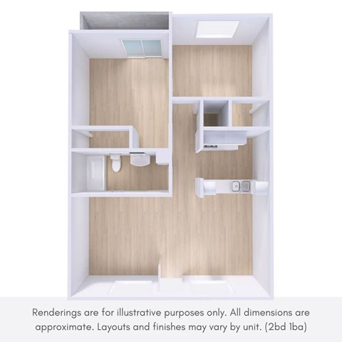 A rendering of a small, modern apartment with a kitchen, living room, and bathroom.